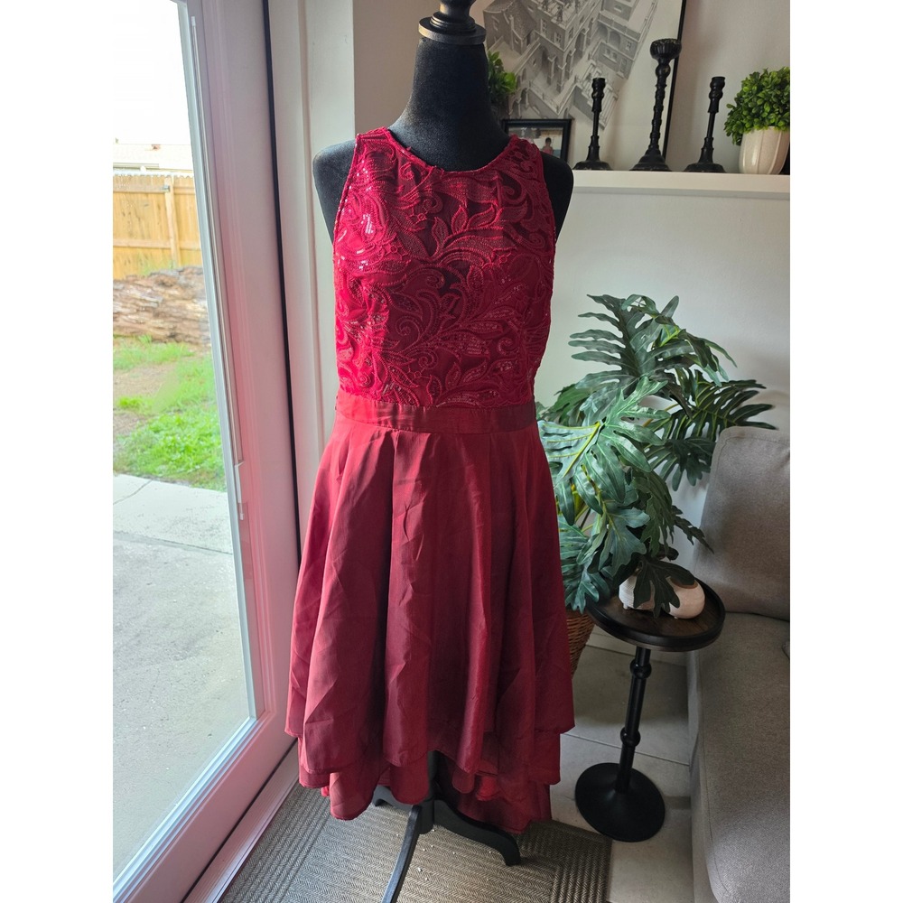 Maniju Womens‎ 2XL Wine Red Sequin Lace High-Low Cocktail Dress Formal